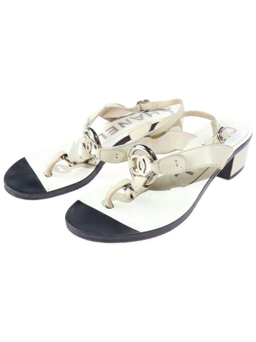 Chanel CC Logo Leather Thong Sandals White